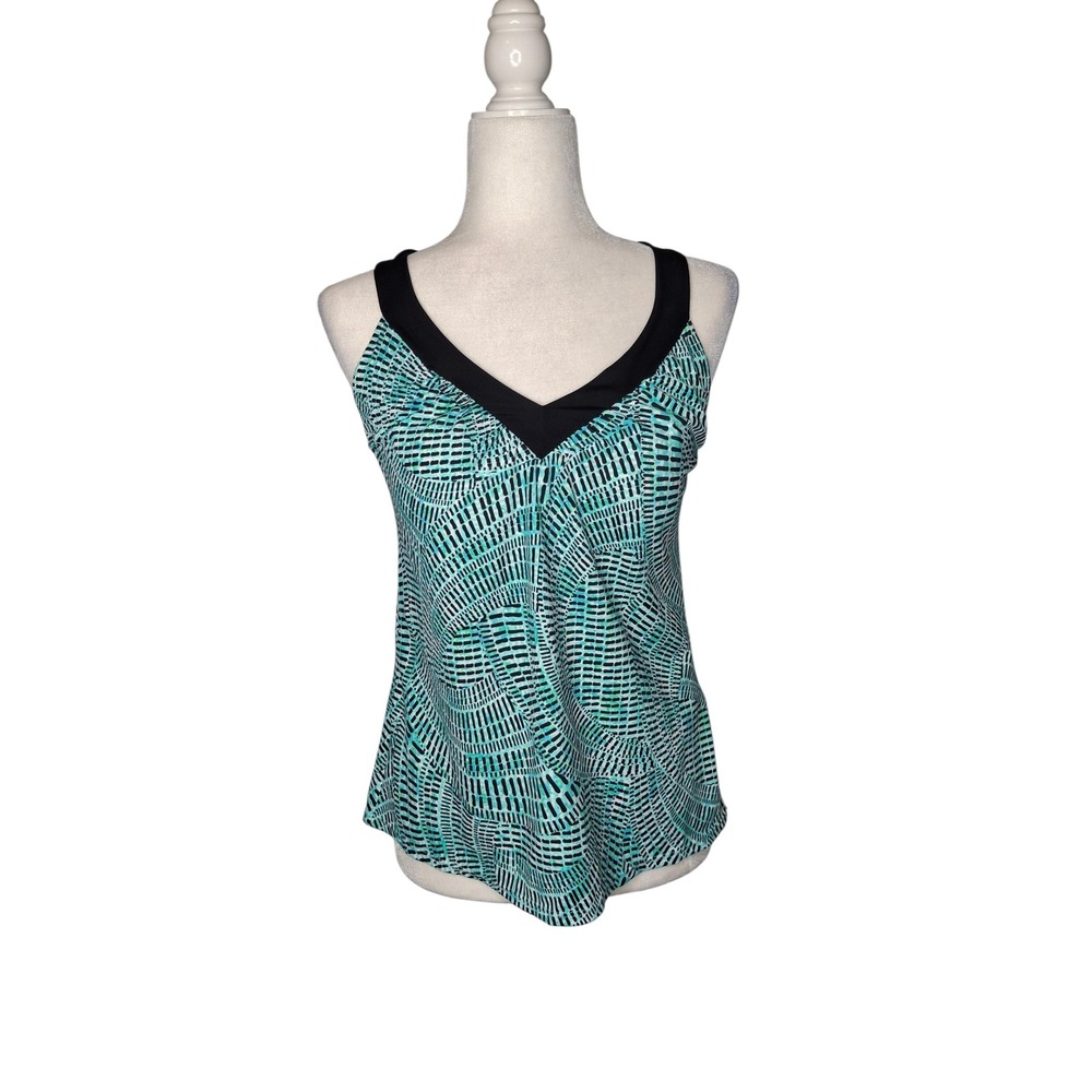 Caribbean Joe Teal Black Geometric Tankini Swim Top V-Neck Crossback Size 12